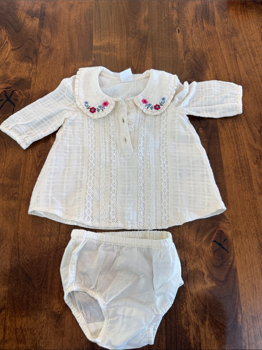 GAP White Baby Dress Set with Pink & Blue Floral Embroidery
